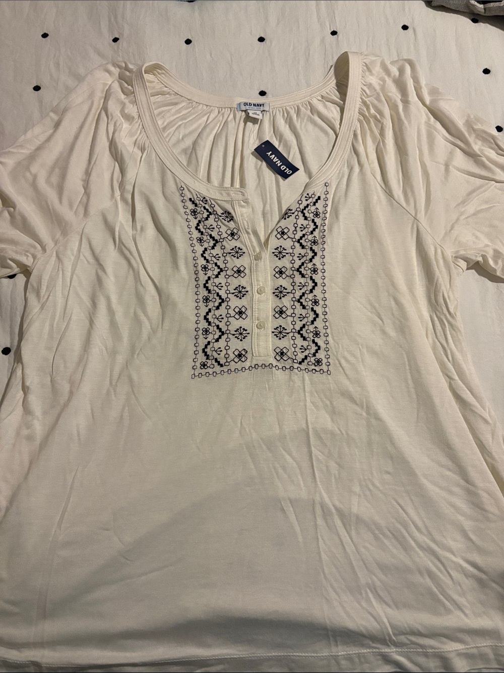 Old Navy Cream Top with Navy Embroidered Yoke